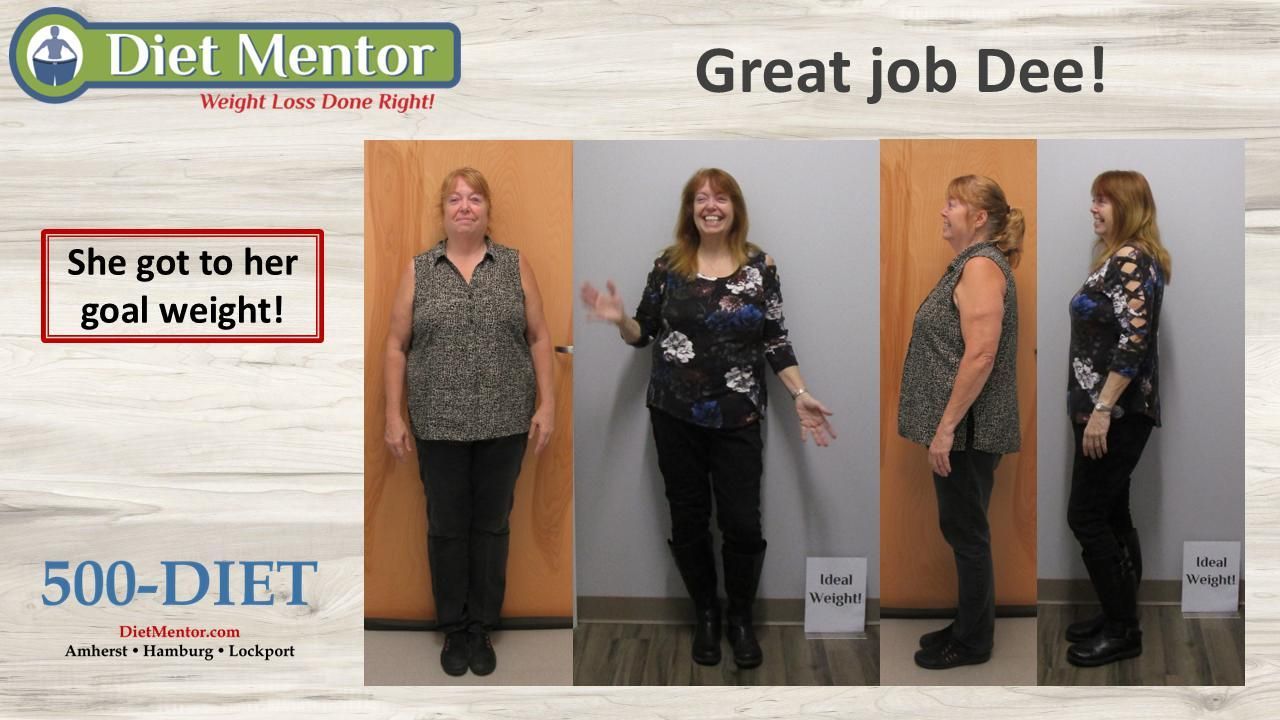 Diet Mentor weight-loss ad showing “Great job Dee!” and before-and-after full-body photos