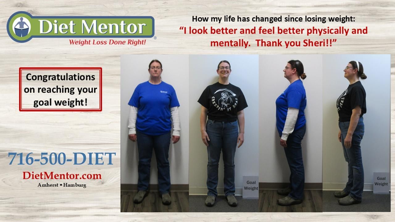 Diet Mentor before-and-after weight loss poster with four side-view progress photos and promotional text