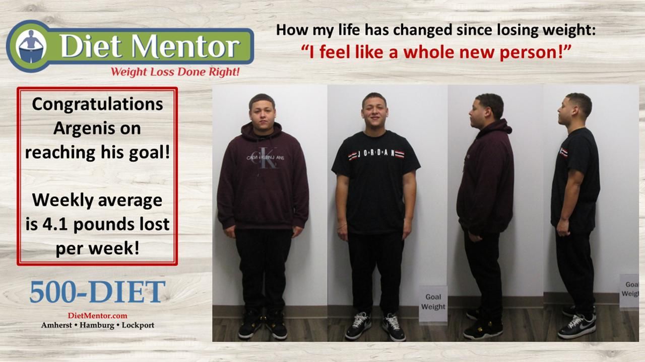 Diet Mentor weight-loss ad showing a man’s “before and after” photos with text about reaching his goal.