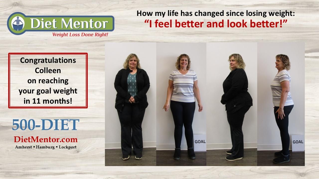 Diet Mentor ad with four women before-and-after weight loss and text promoting reaching goal weight in 11 months