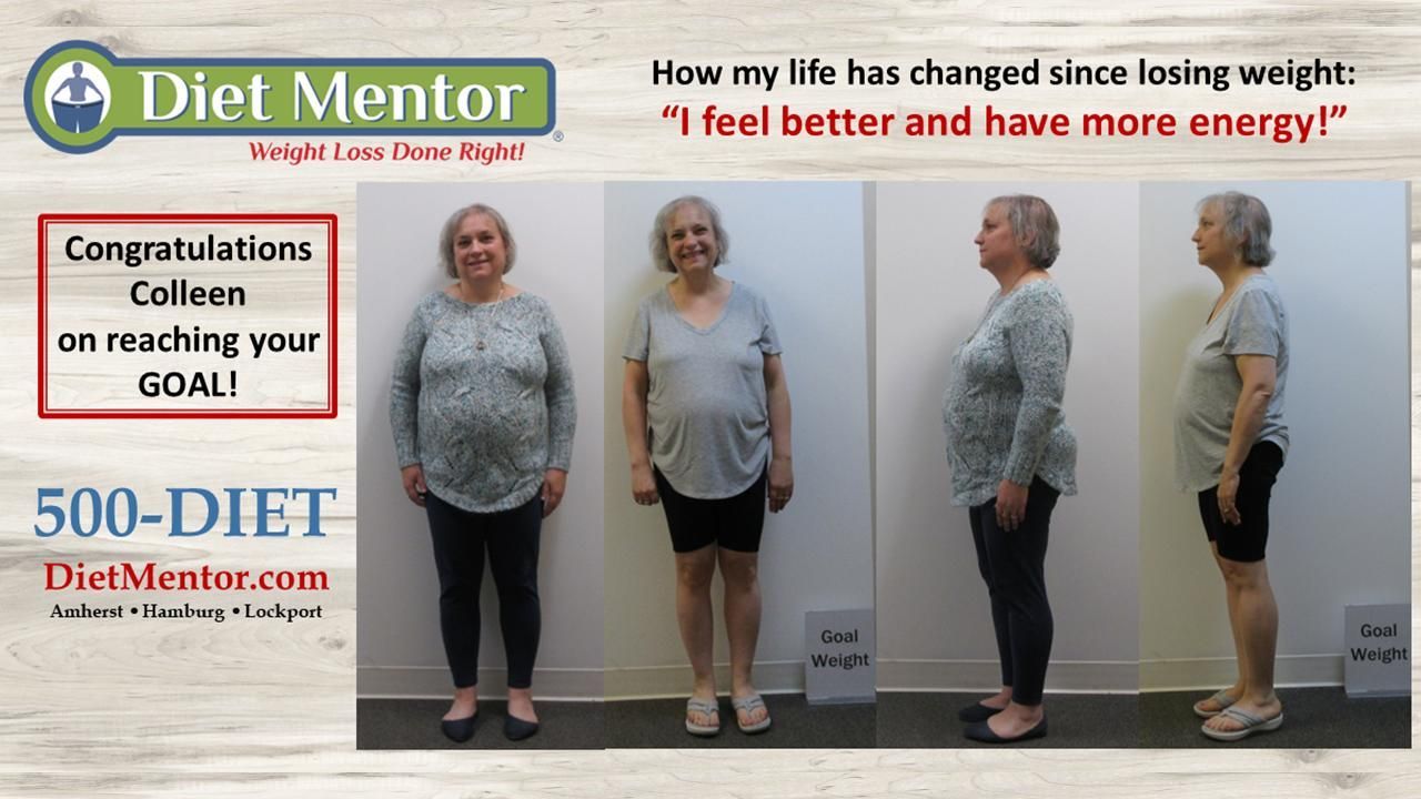 Before-and-after weight loss comparison with four full-body photos and Diet Mentor promotional text.