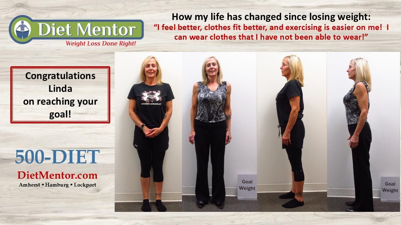 Diet Mentor before-and-after weight loss collage with woman posing in black clothes and a congratulatory note