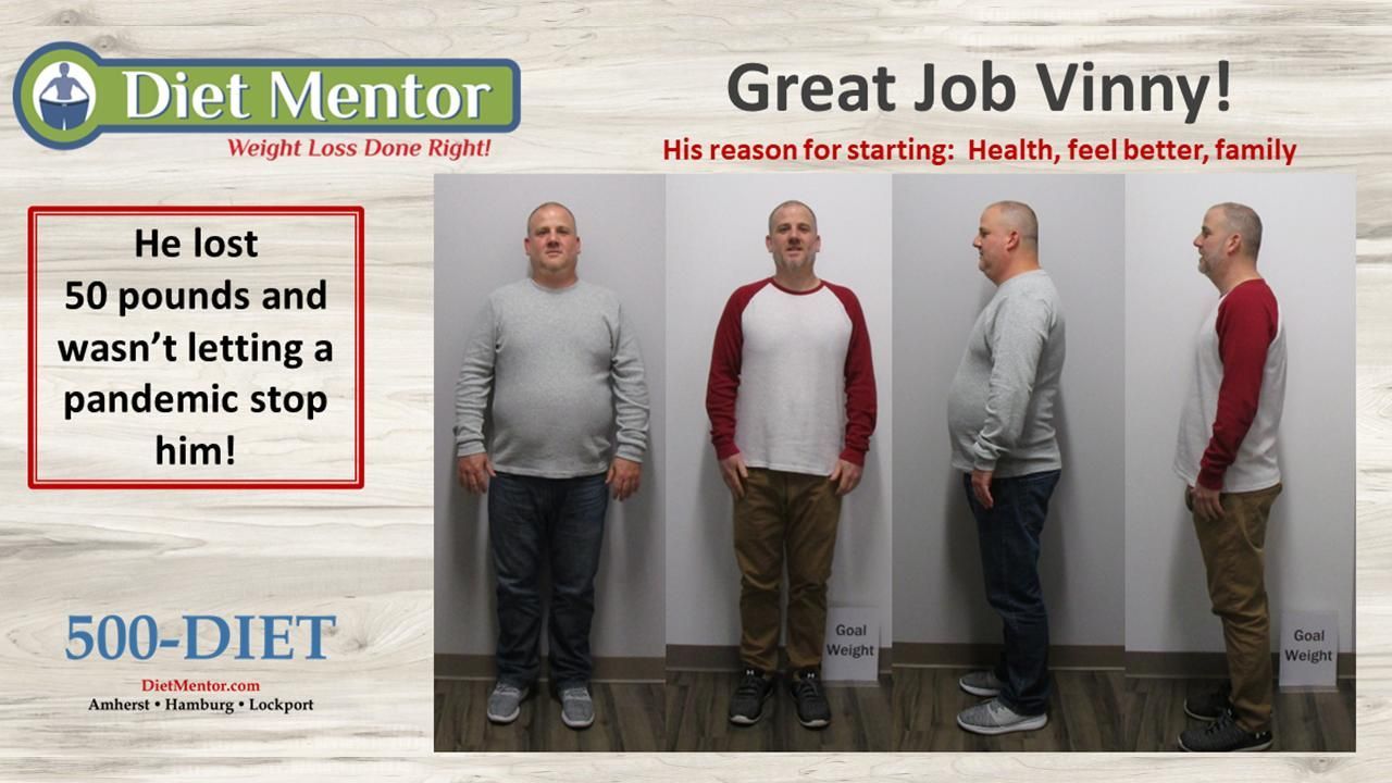 Diet Mentor ad: “Great Job Vinny!” with four weight-loss progress photos and “500-DIET” logo