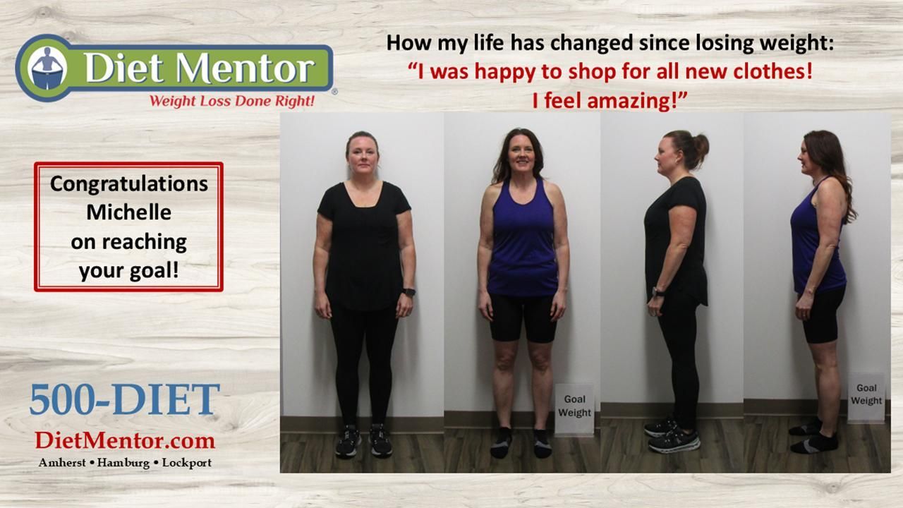 Diet Mentor before-and-after weight loss collage with four photos and congratulatory text