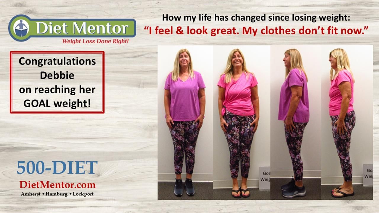 Diet Mentor weight-loss ad showing before-and-after photos and the quote, “I feel & look great. My clothes don’t fit now.”