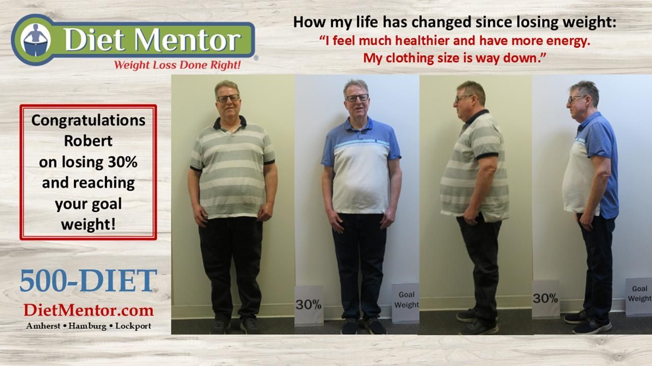 Diet Mentor weight-loss collage showing a man’s before-and-after photos with text promoting results