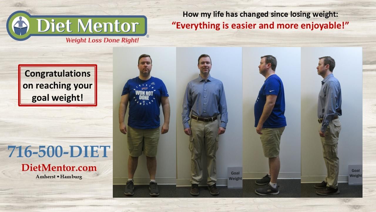 Diet Mentor weight-loss ad with before-and-after man photos and “Congratulations on reaching your goal weight!”