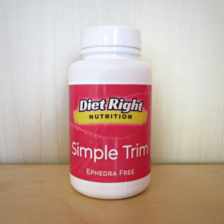 White bottle of Diet Right Simple Trim supplements. Red label with yellow Diet Right Nutrition logo.