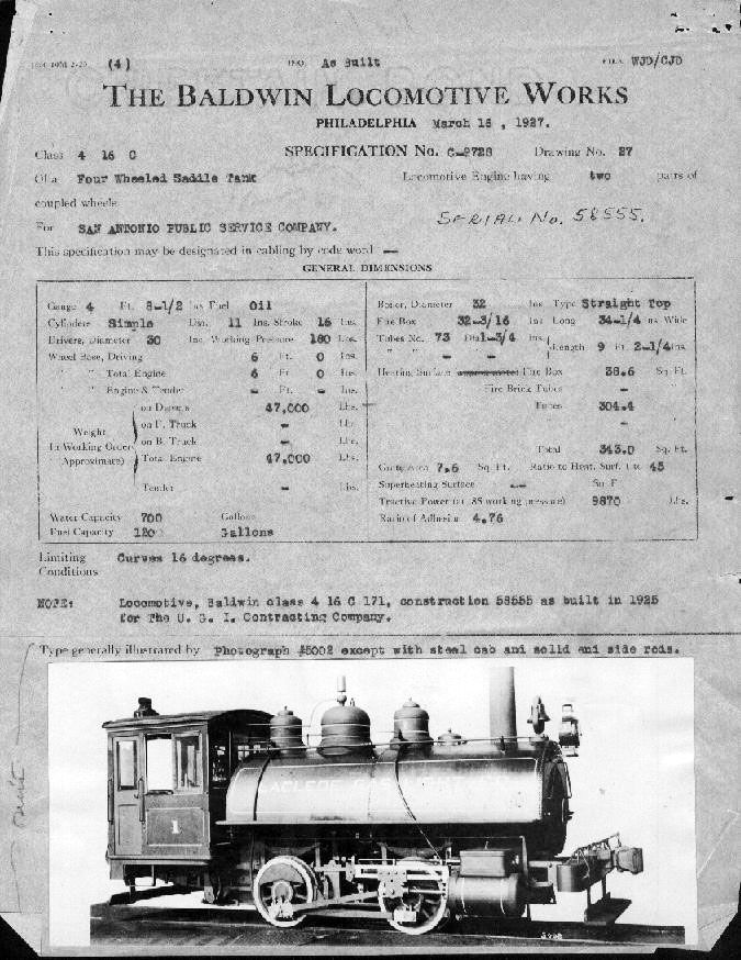 1925 Baldwin Steam switcher locomotive, factory description, technical specifications.