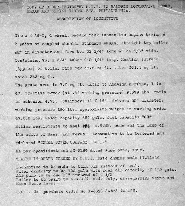 1925 Baldwin Steam switcher locomotive, factory description, technical specifications.