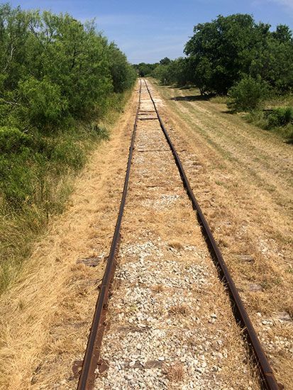 Longhorn & Western Railroad railroad tracks looking east, June 2017
