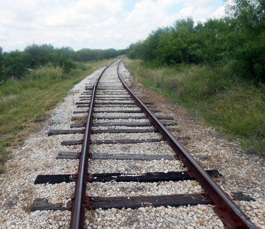 Longhorn & Western Railroad railroad tracks looking west, June 2013