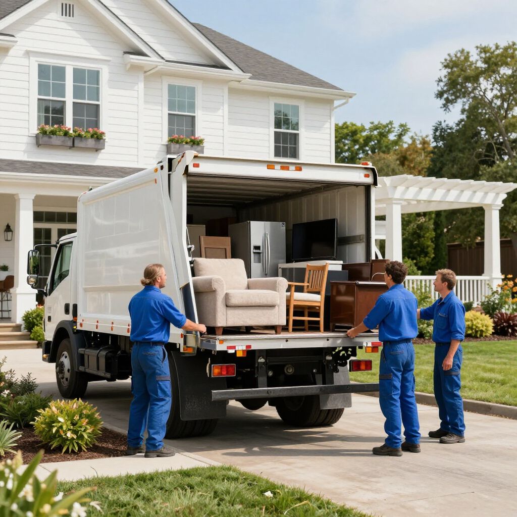 Three movers loading furniture into a moving truck in front of a white house.