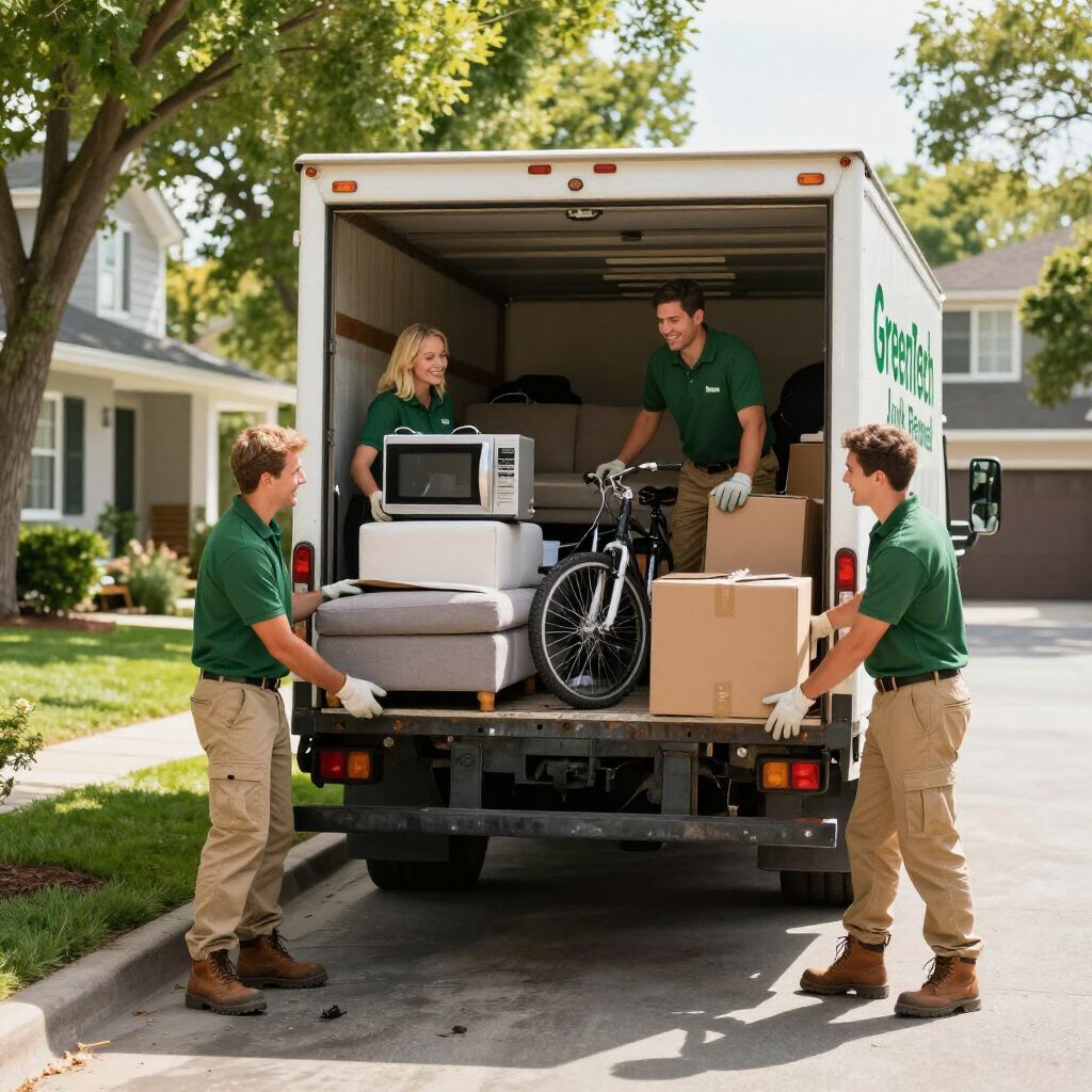 Movers loading a truck with furniture and boxes in front of a house.