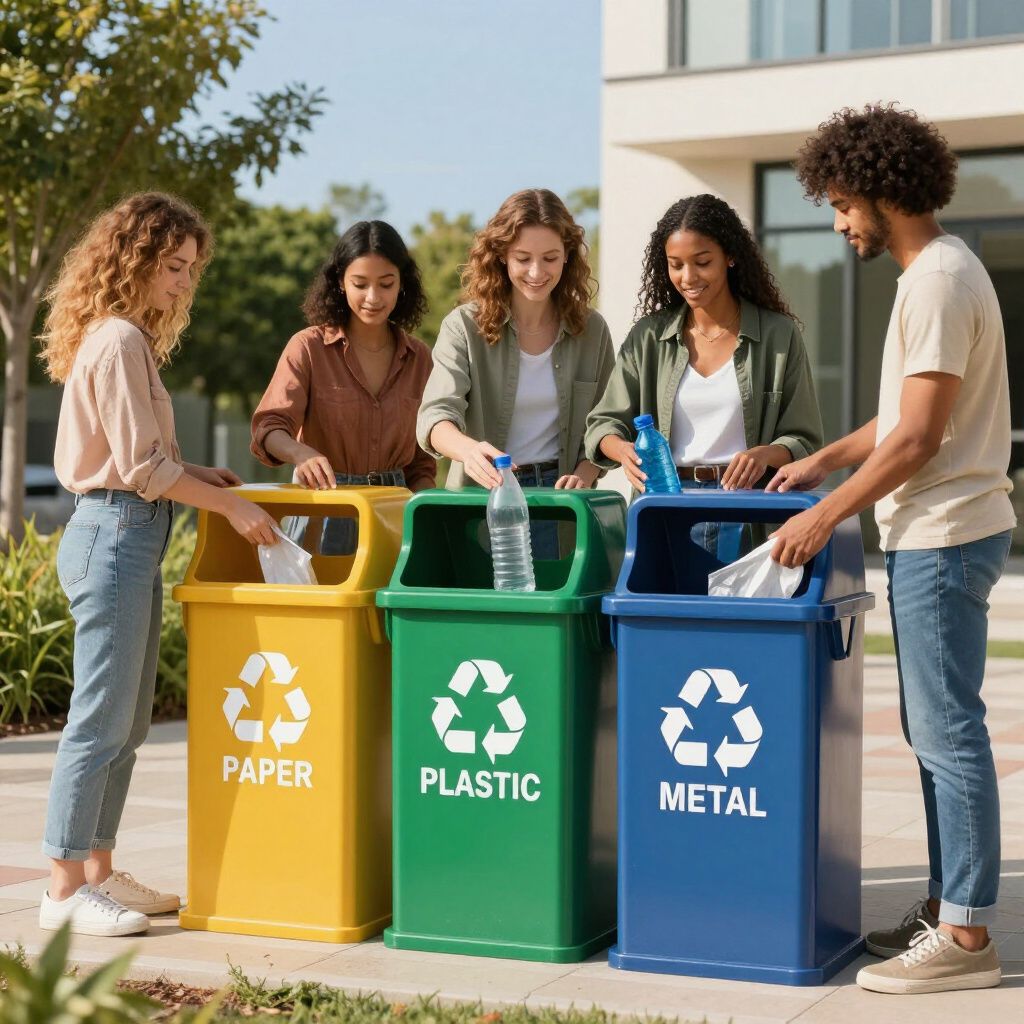 People recycling into yellow paper, green plastic, and blue metal bins outside.