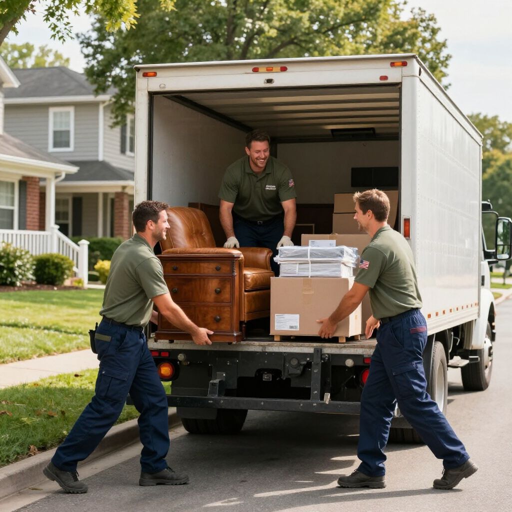 Three movers load a truck with furniture and boxes in front of a house on a sunny day.