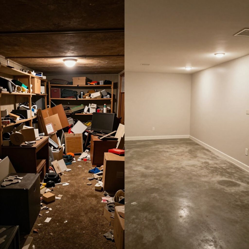 Before and after comparison of a cluttered basement and an empty, renovated room.