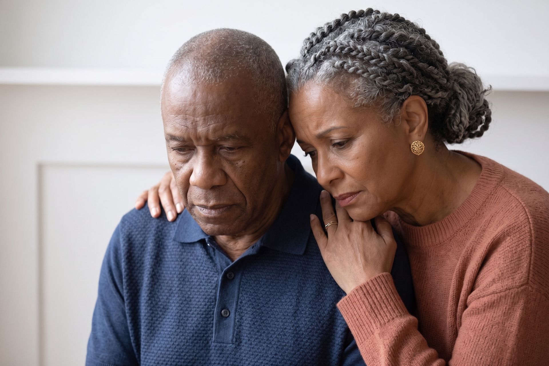 A man and a woman are standing next to each other at a funeral.