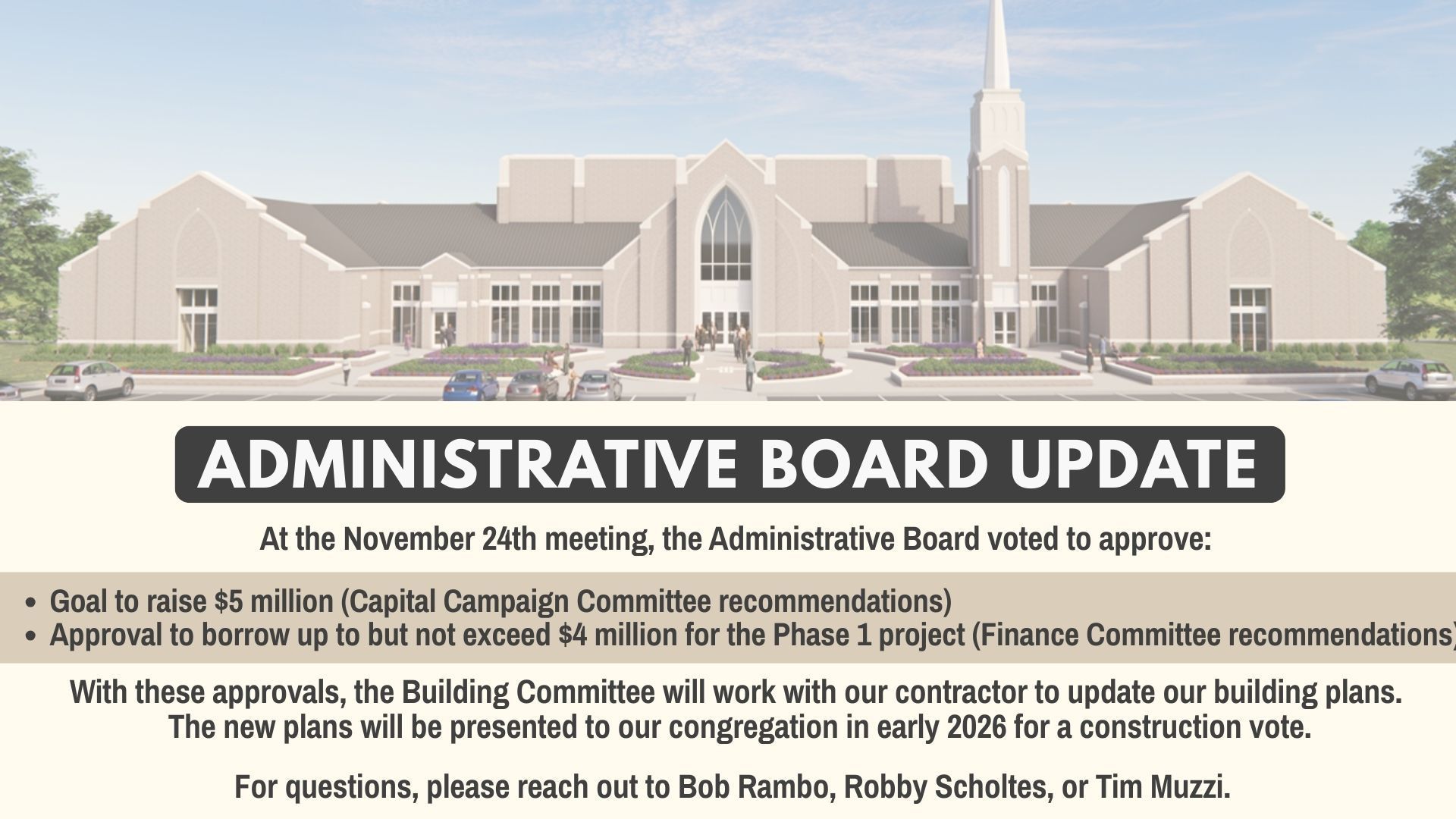 Announcement regarding Administrative Board update in front of a building illustration.