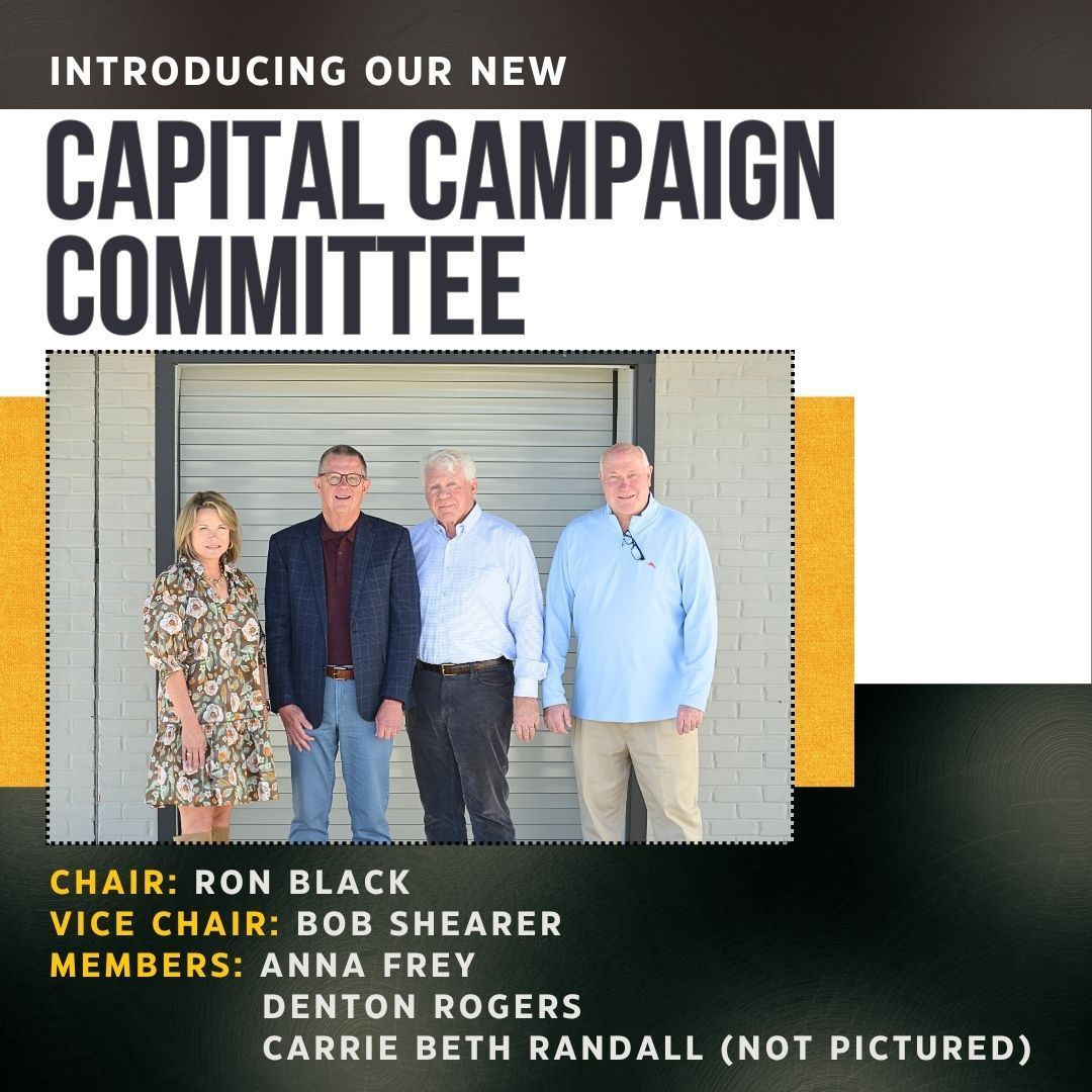 Capital Campaign Committee introduction; four people stand in front of a building. Text lists names and roles.