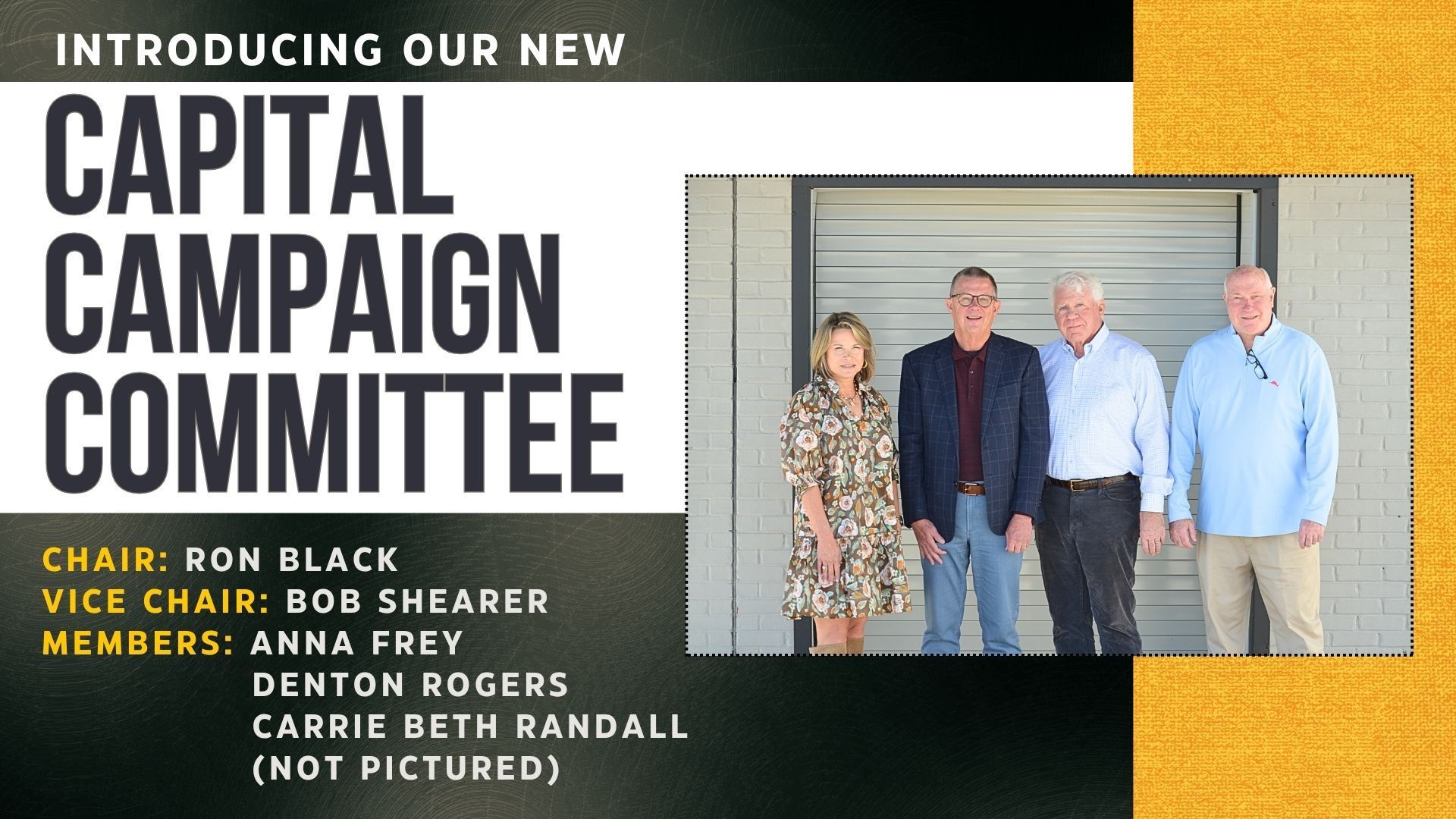 Announcement of a new capital campaign committee. Group photo with a text overlay of committee members' names and titles.
