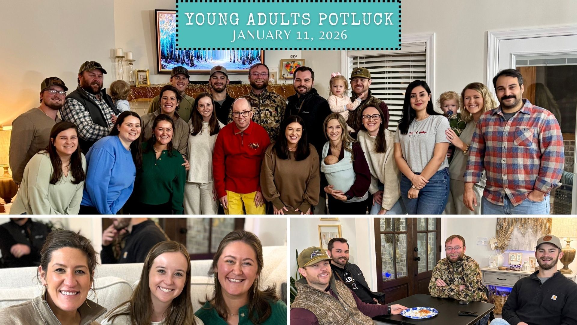 Group of young adults at a potluck gathering. People smiling in a home with decor, various outfits.
