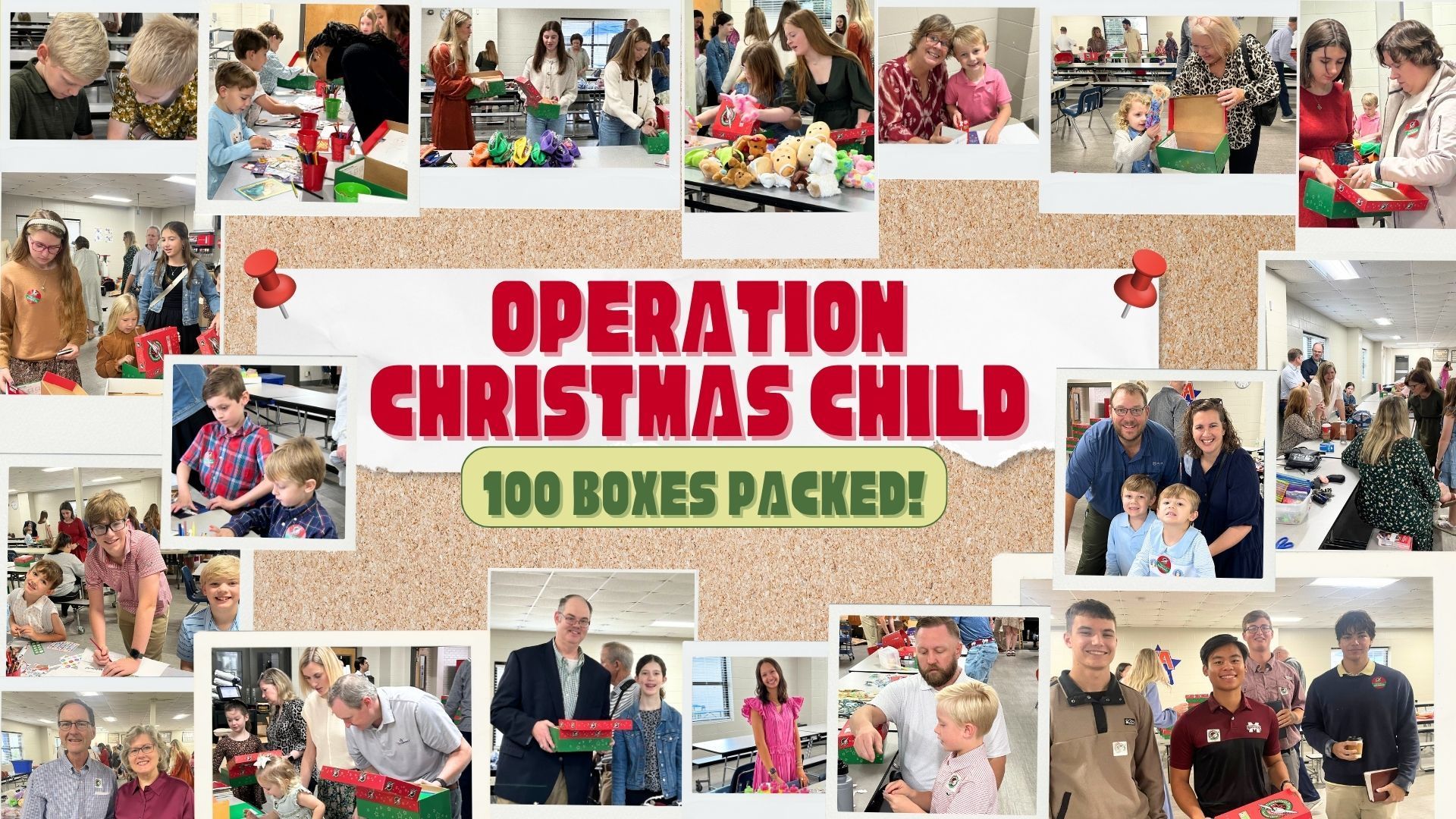 People packing shoeboxes for Operation Christmas Child. 180 boxes packed! Various scenes in a brightly lit space.