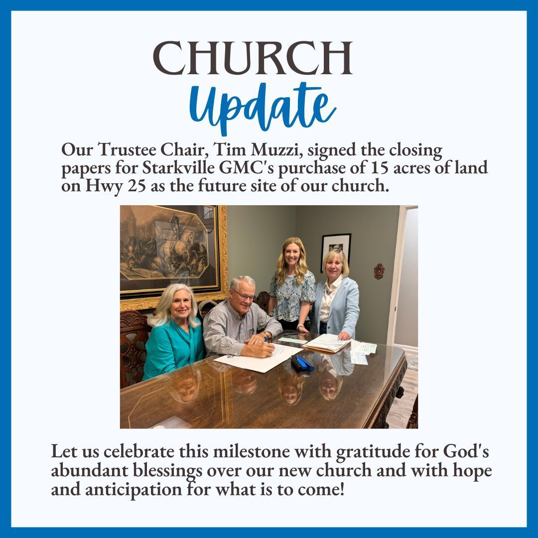 People signing papers at a table, celebrating the purchase of 15 acres of land for a new church.