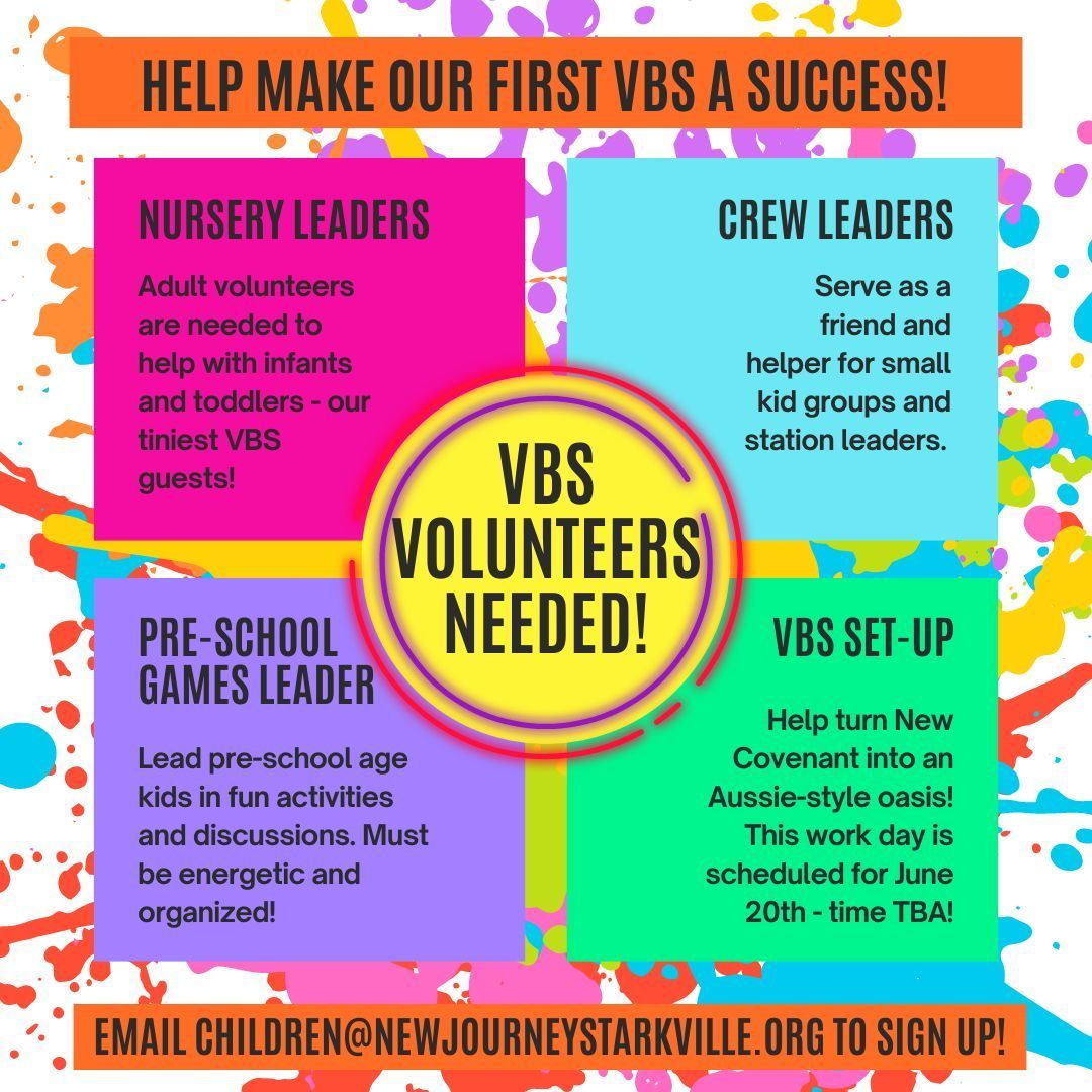 An advertisement for vbs volunteers needs nursery leaders crew leaders and pre-school games leaders