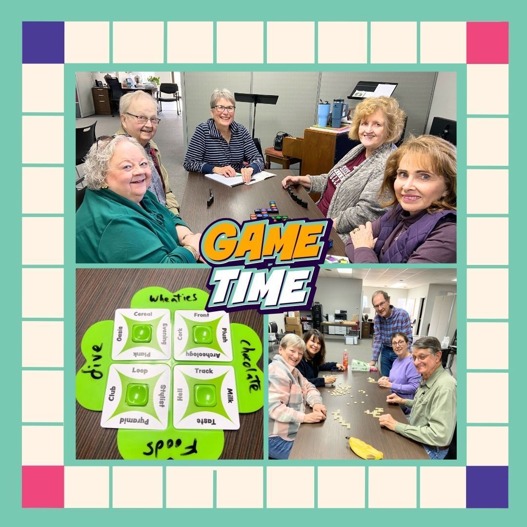 People playing board games. Green and white game cards on green surface. Game Time graphic over group photo.