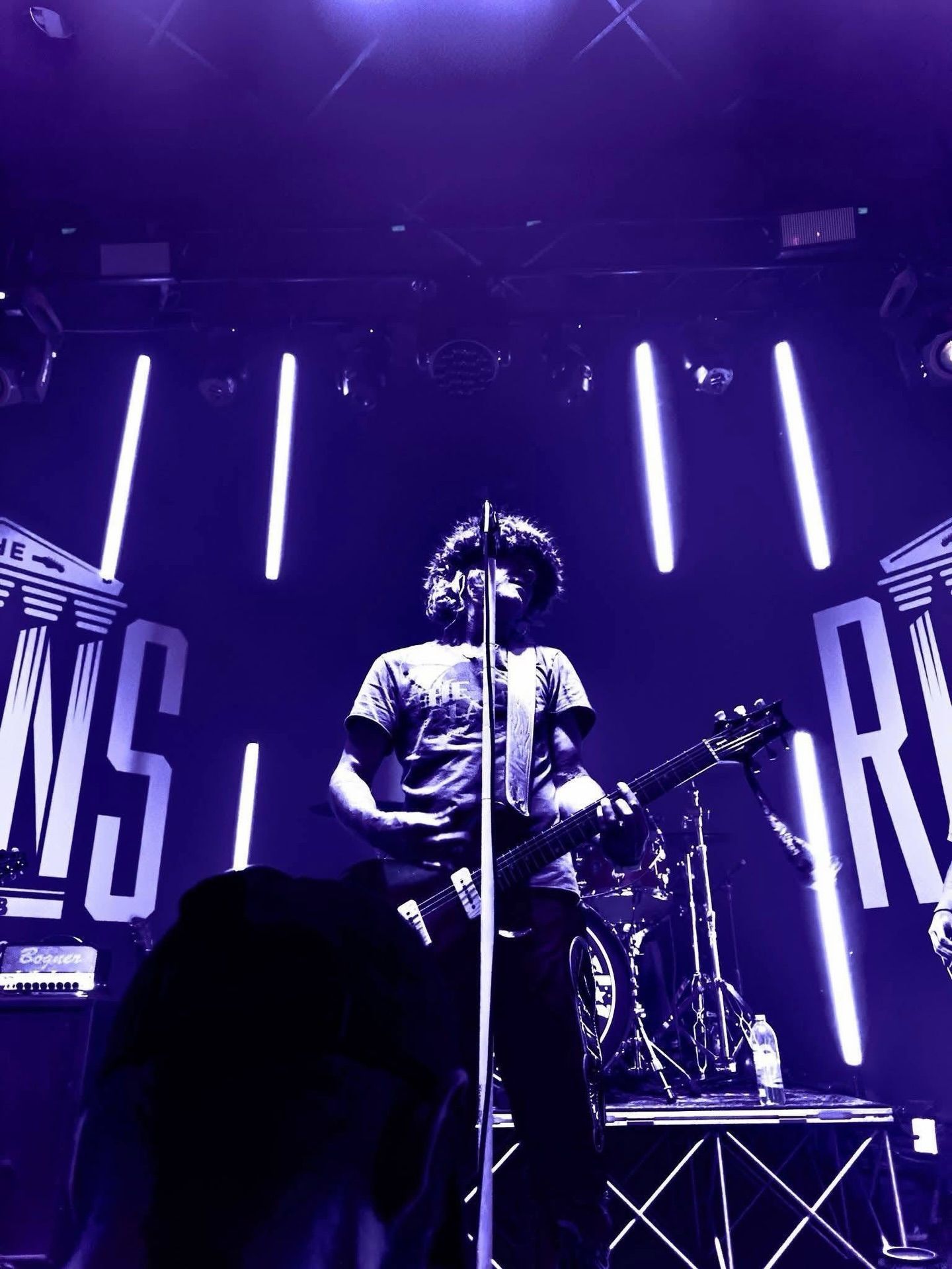Purple-lit concert stage with a guitarist singing into a microphone, vertical light bars behind him.
