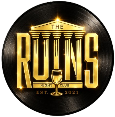 The Ruins Night Club logo in gold on a black vinyl record background