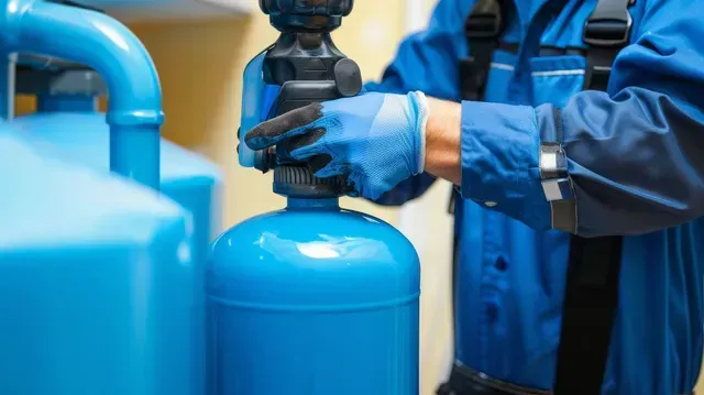 A man in a blue suit is working on a blue tank in Vancouver, WA