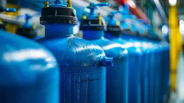 A row of blue water tanks are lined up in a factory in Vancouver, WA