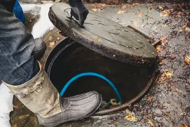 A manhole cover with a blue hose coming out of it in Vancouver, WA