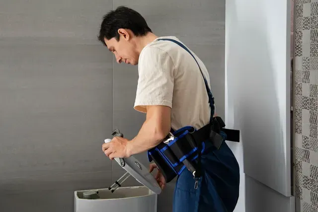 A man is fixing a toilet in a bathroom in Vancouver, WA