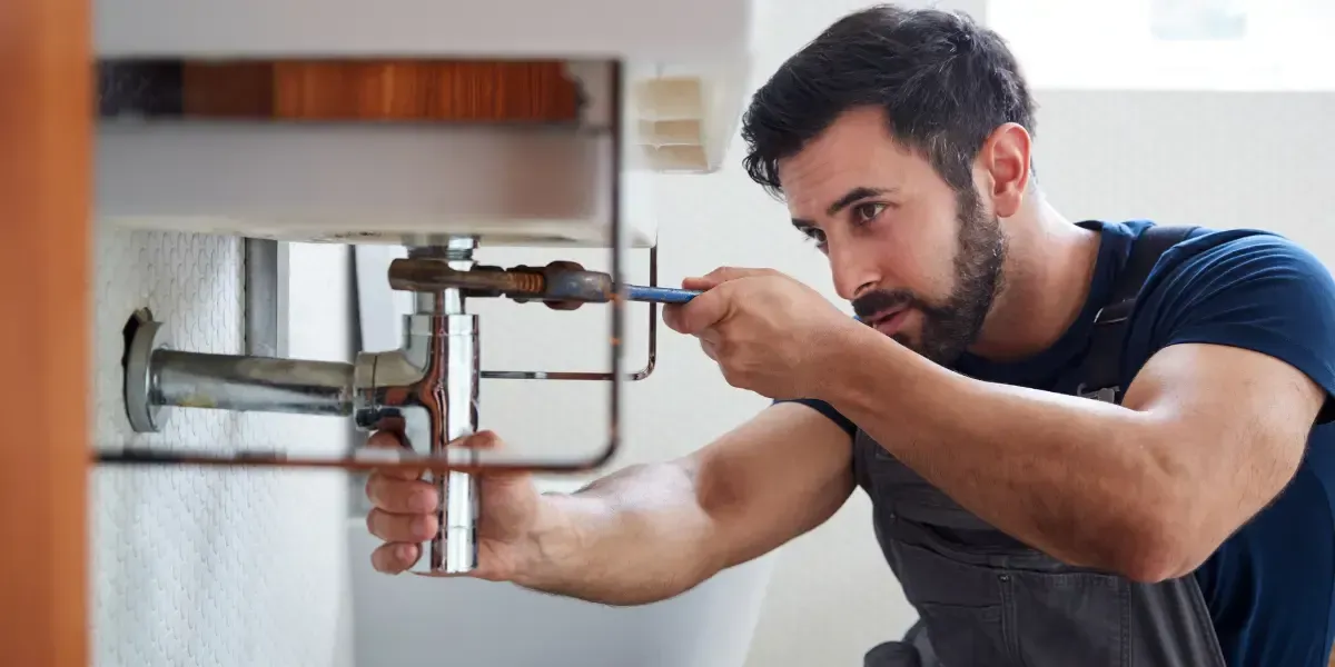 A man is fixing a sink with a screwdriver.
