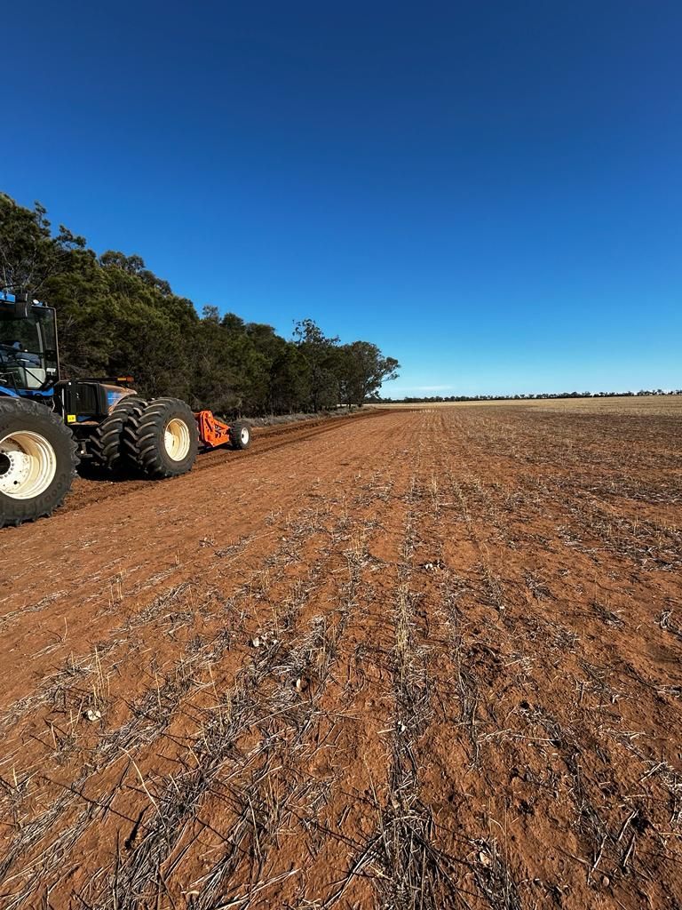 A TTQ Tree Line Ripper being pulled by a tractor by a tree line of a field.