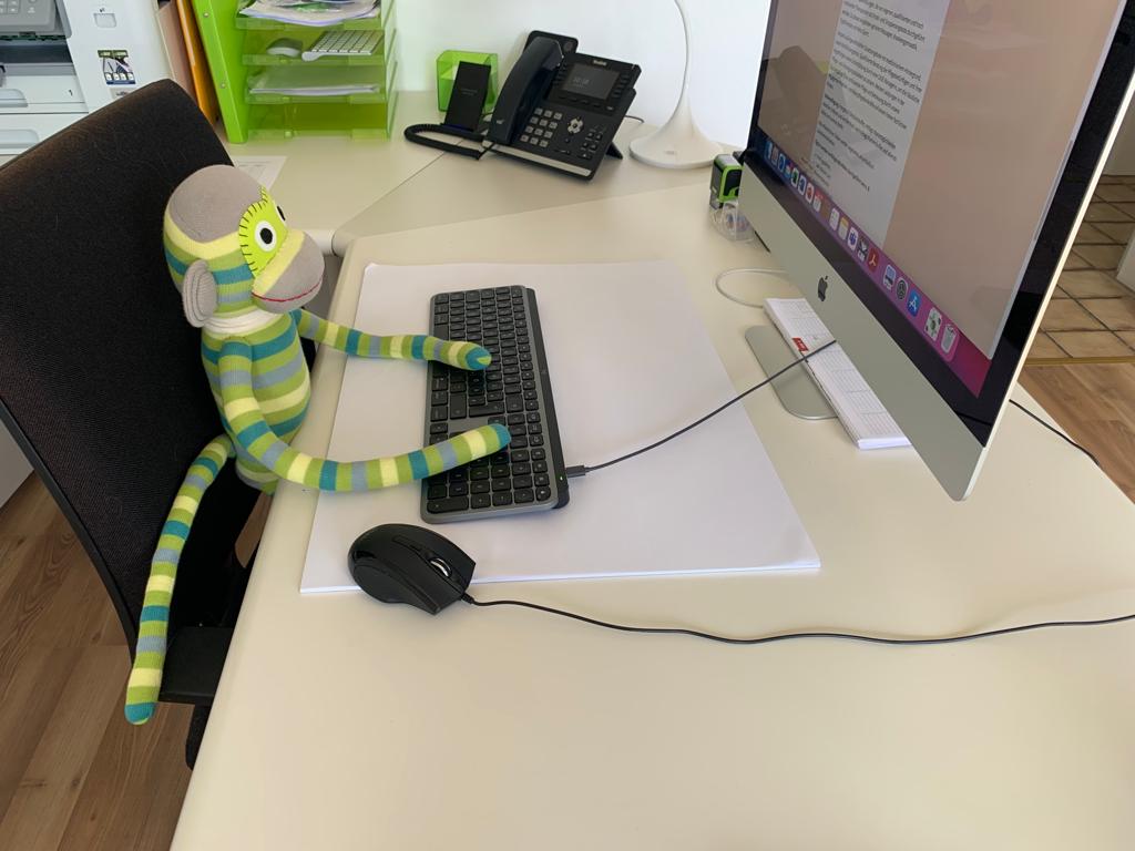 Ein ausgestopfter Affe sitzt an einem Schreibtisch vor einem Computer.