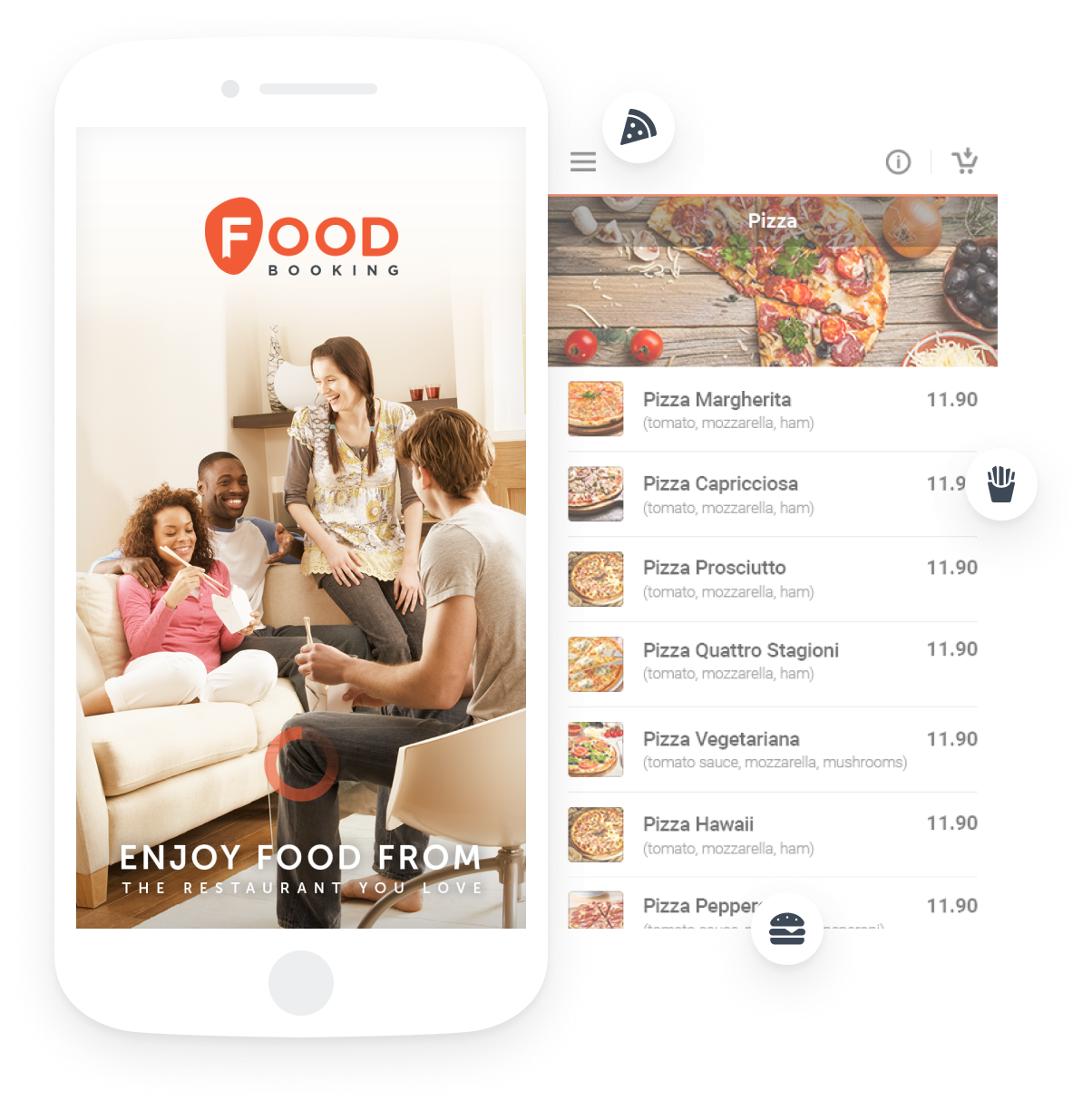 Aplicativo de entrega de comida na tela de um celular mostrando um cardápio de pizzas com um grupo de amigos ao fundo.