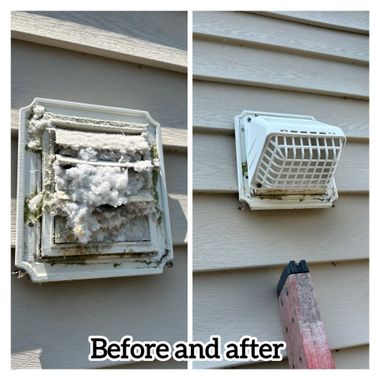 Before and after of a dryer vent cover cleaning. The before shows clogged lint and the after shows a clean cover.