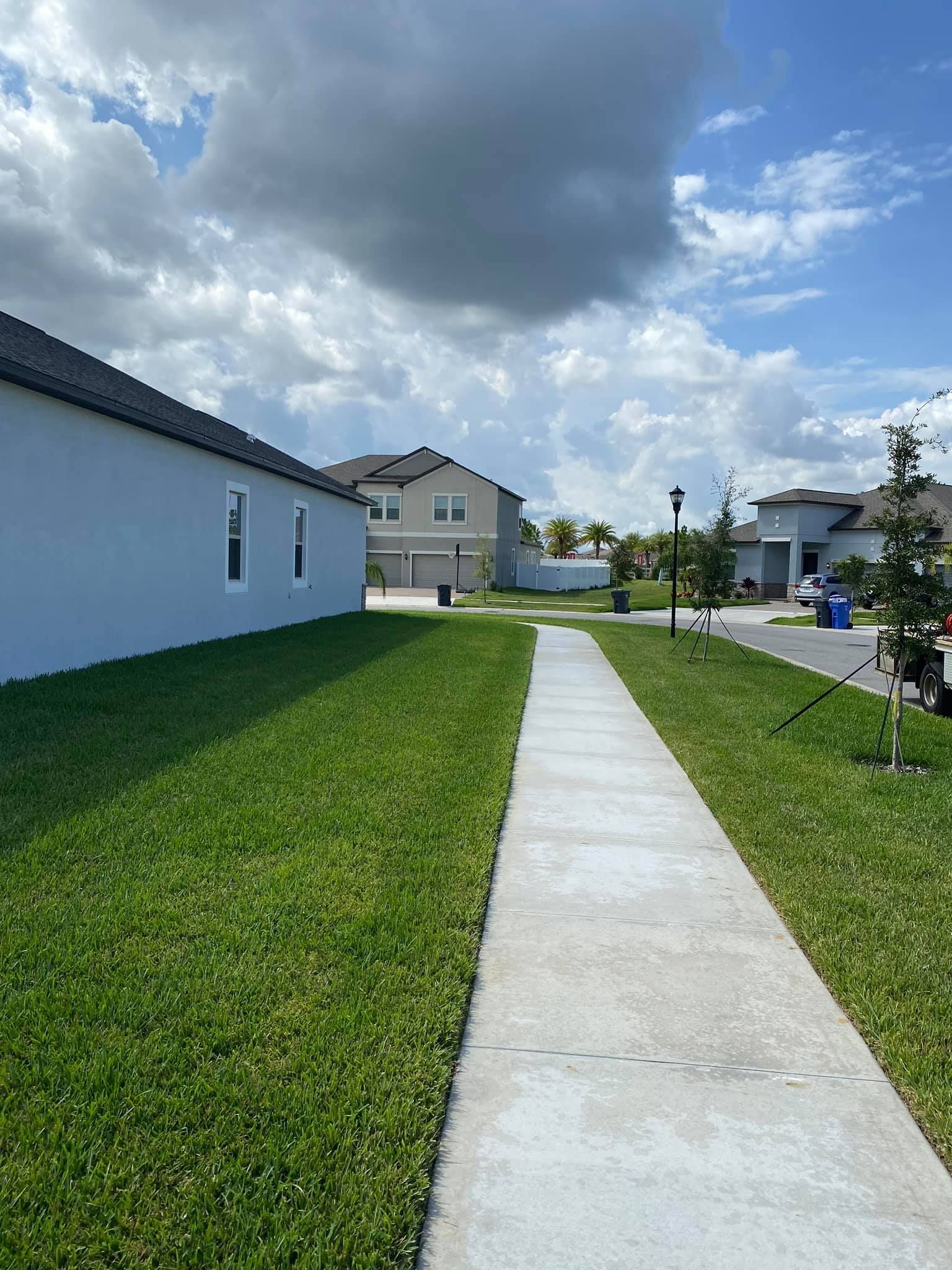 Concrete sidewalk through a green lawn in a suburban neighborhood under a cloudy sky