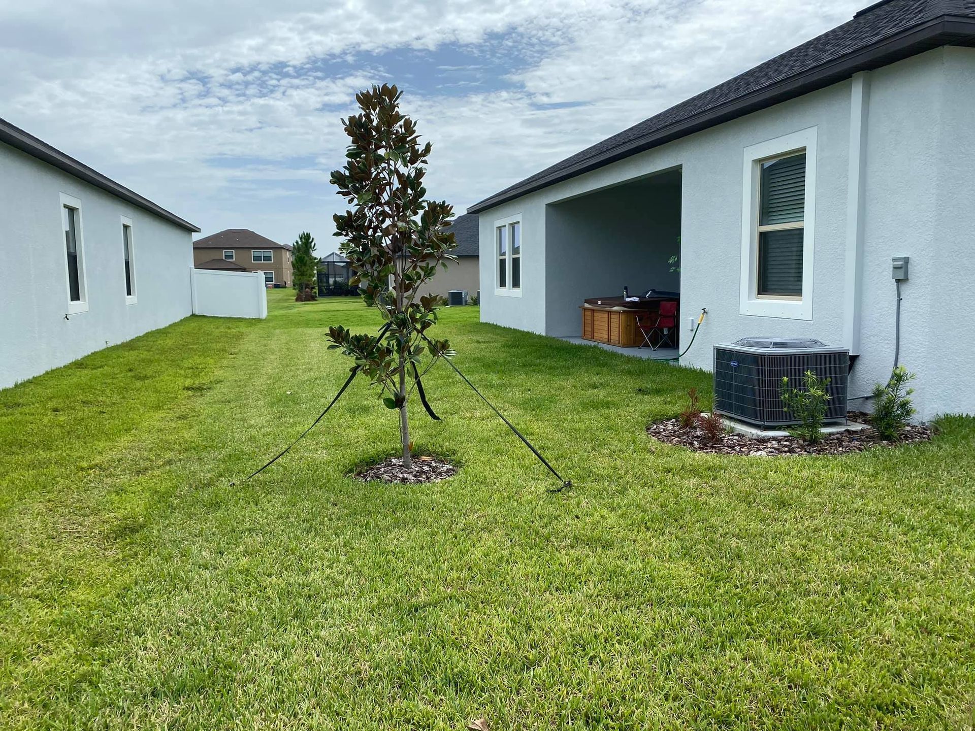 Backyard between white houses with a young tree and air conditioner units on the lawn