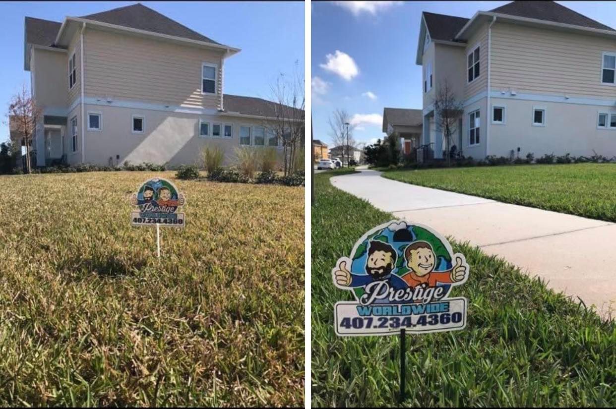 Suburban house with a front lawn sign advertising landscaping or lawn care services.