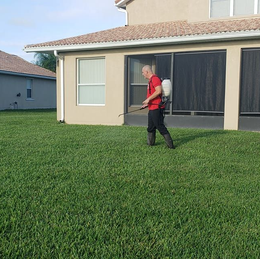 Person using a string trimmer in a grassy backyard beside a beige house