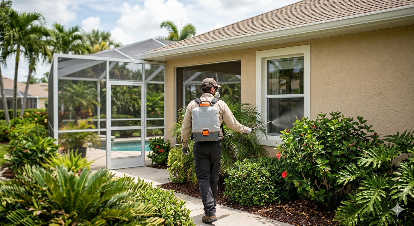 Person walking toward a beige house along a garden path beside a screened patio.