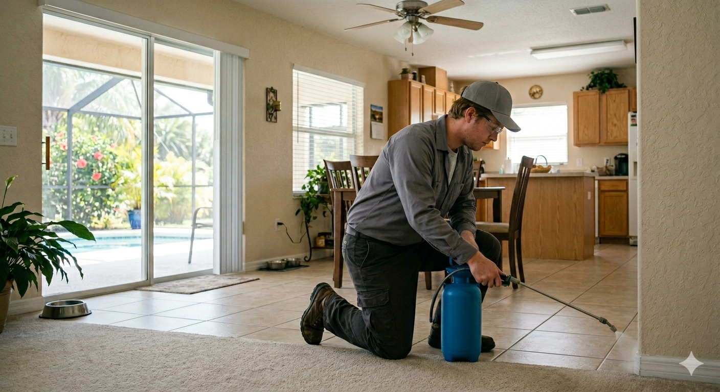 Person kneels indoors using a blue floor pump near a tiled kitchen and sliding glass door