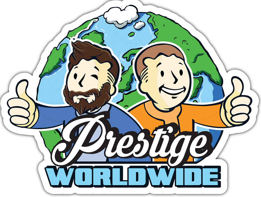 Prestige Worldwide logo with two smiling cartoon men giving thumbs up in front of a globe