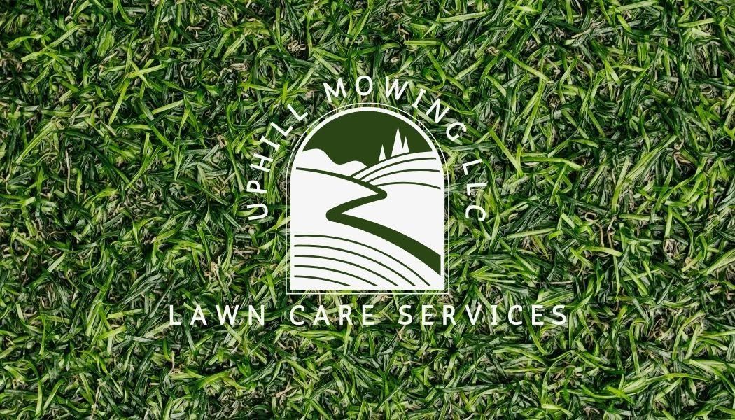 Lazy Lawn Mowing Lawn Care Services logo on green grass background with house and path icon