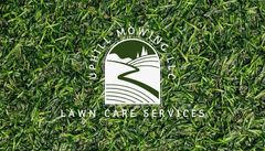 Lazy Lawn Mowing Lawn Care Services logo on green grass background with house and path icon